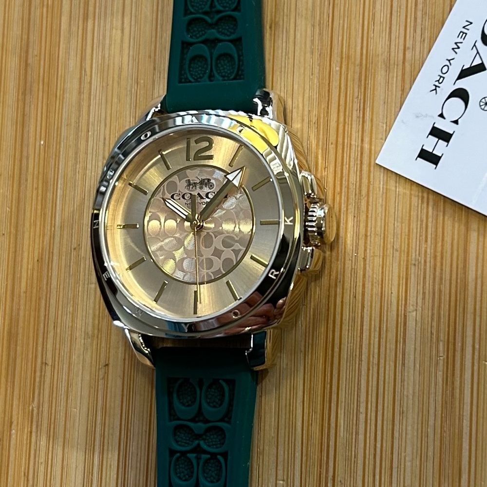 Coach Boyfriend Watch With 34mm Golden Face & Green Rubber Strap - Picture 7 of 12